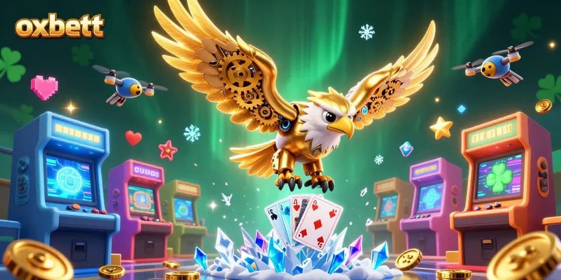 Experience the thrill of oxbett with a dynamic 3D casino scene featuring a golden eagle diving through holographic playing cards.