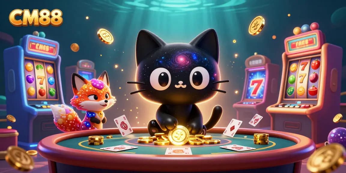 Experience the thrill of CM88 with a cosmic casino adventure featuring a black hole cat and vibrant slot machines.