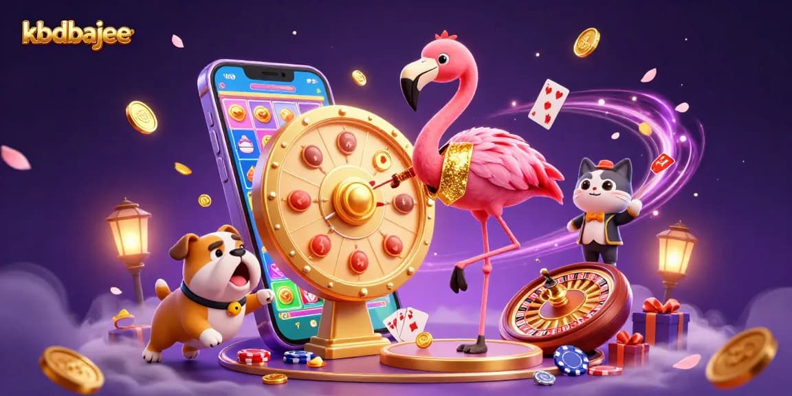 Engaging scene showcasing kbdbajee with a flamingo host, bulldog contestant, and vibrant casino elements.