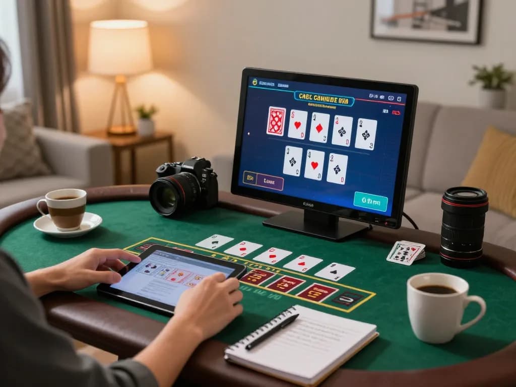 Vin88 player enjoying live dealer blackjack on tablet at home with cozy decor.