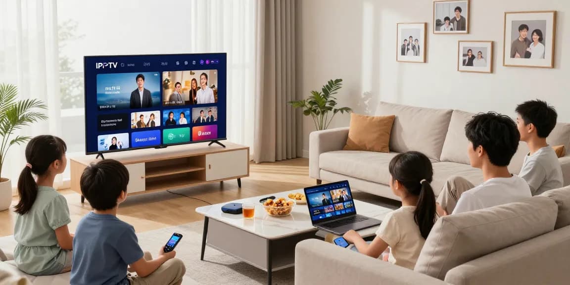 Family enjoying IPTV streaming in a modern living room with Smart TV and cozy atmosphere.