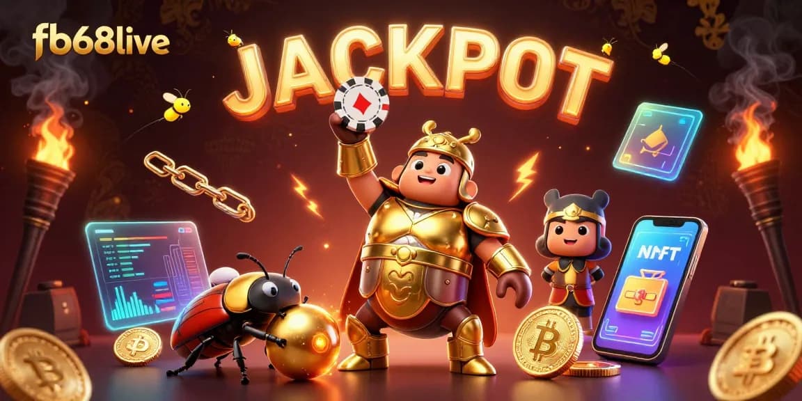 Enhance gaming with fb68live's 3D illustration showcasing a victorious beetle and crypto elements.