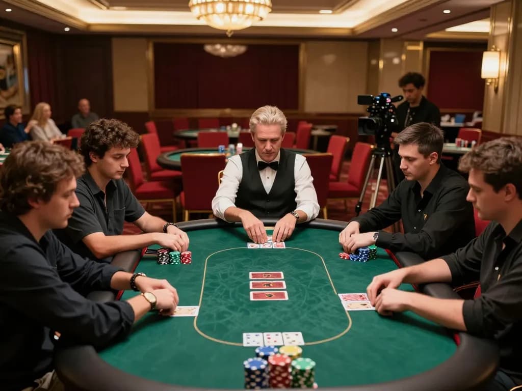 Players engaging at a poker table during a thrilling game of 9betgame with vivid chips and community cards.
