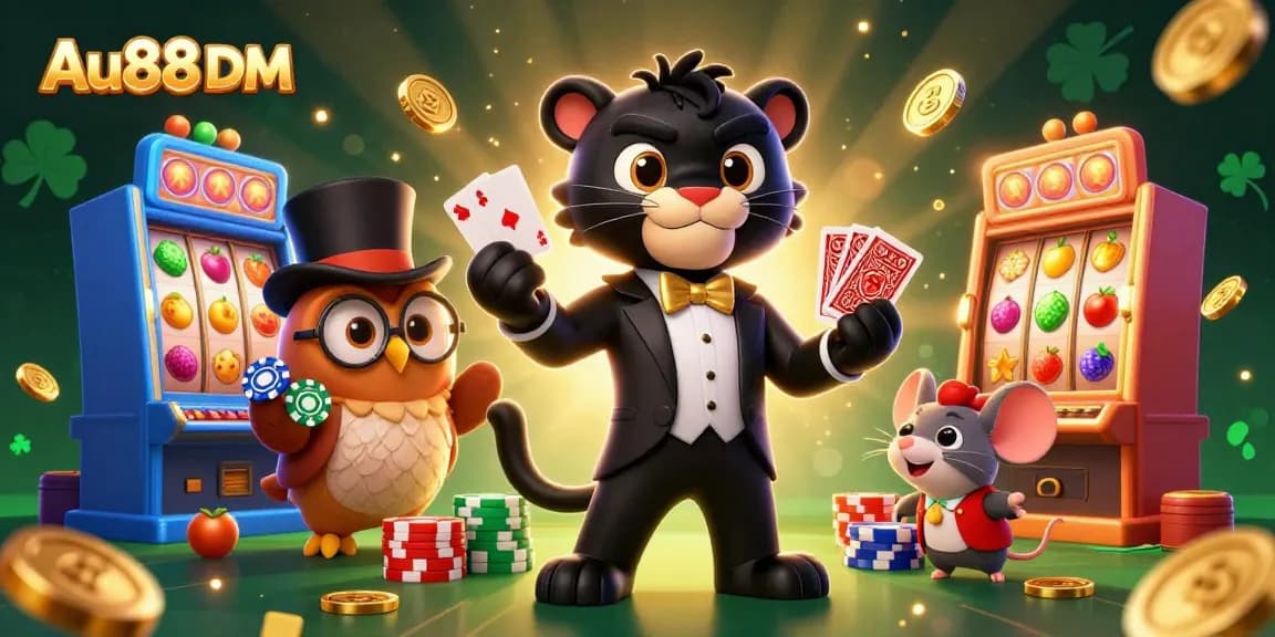 Experience the thrill of Au88 DM with vibrant slots and playful characters in this casino scene.