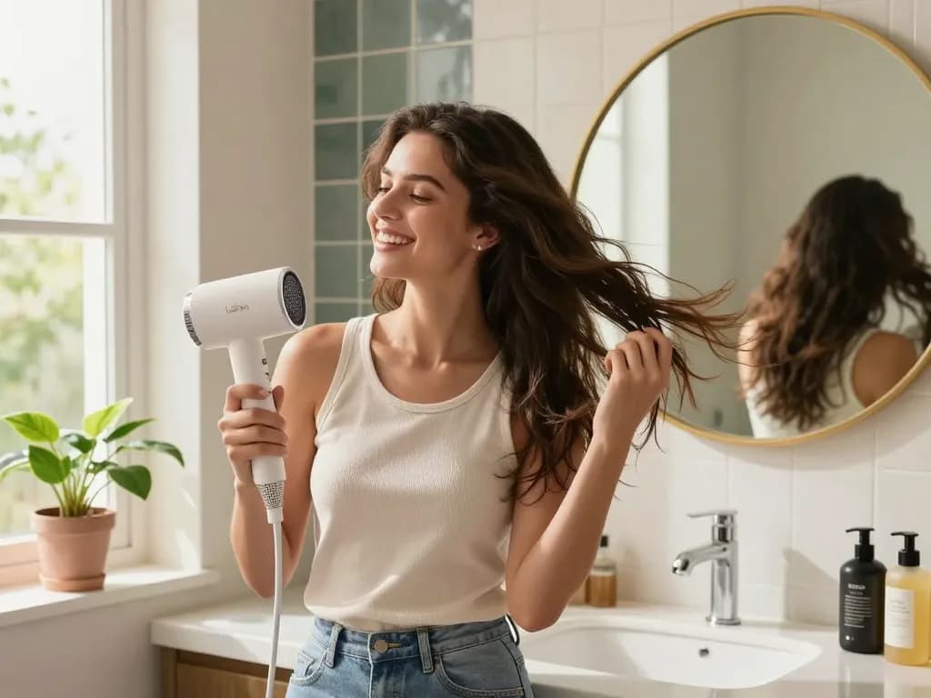Using Laifen hair dryer in stylish bathroom enhances daily beauty routine.