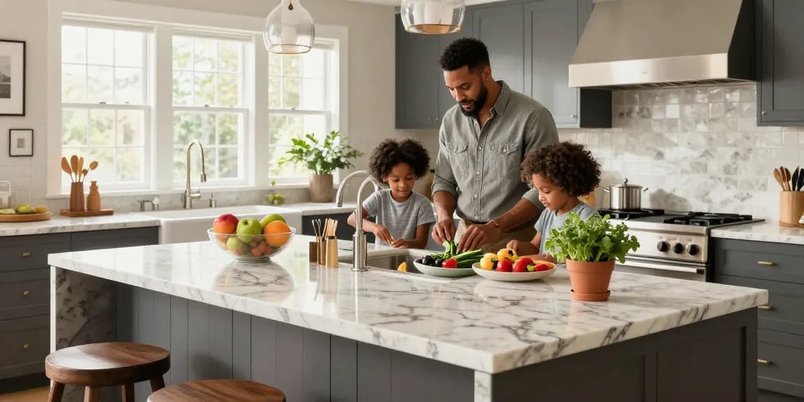 Custom kitchen countertops Hamilton in an elegant family kitchen scene with children cooking and enjoying together.