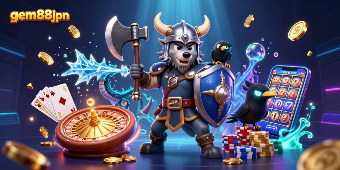 Experience gem88jpn's thrilling adventure with a Viking warrior and dragon amidst vibrant casino elements.