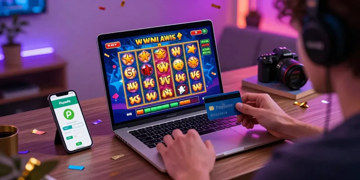 Paysafe-Karten-Casino-Szene mit einem Spieler, der online gewinnt, zeigt eine lebendige Spieloberfläche und eine Smartphone-App.