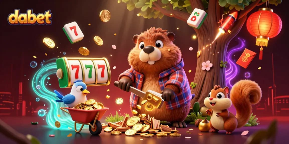 dabet engages in dynamic casino fun with a beaver and friends collecting coins amidst vibrant symbols.