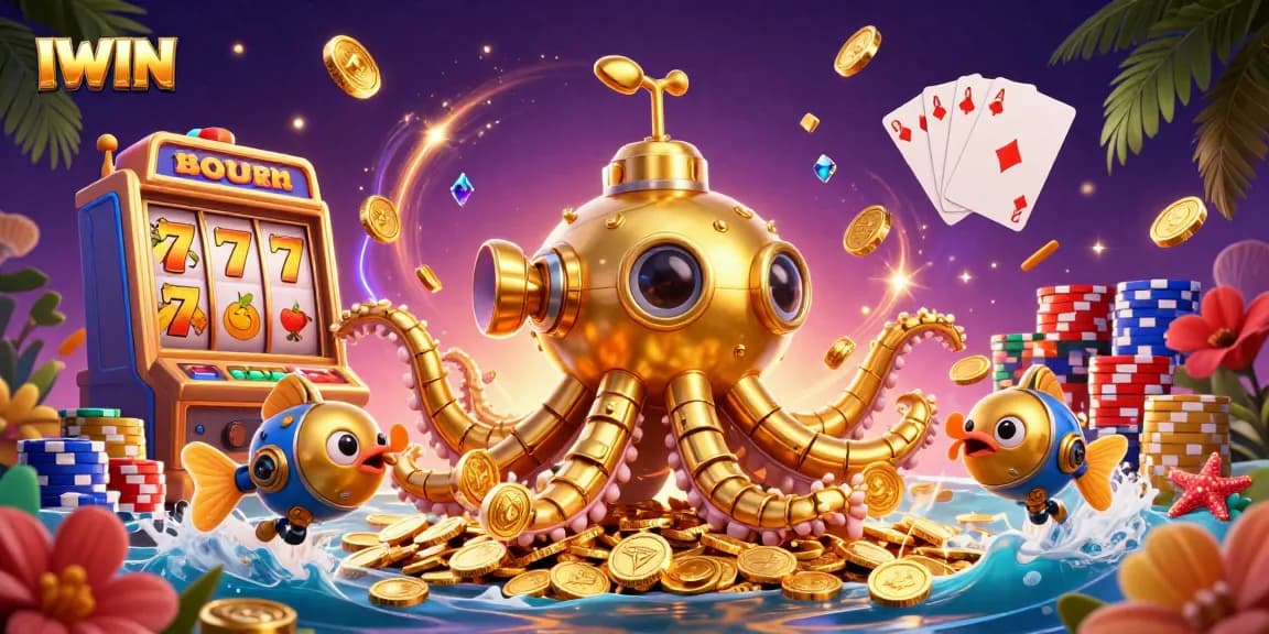 Experience thrilling IWIN adventures with a lively submarine and slot machine in a treasure-filled sea.