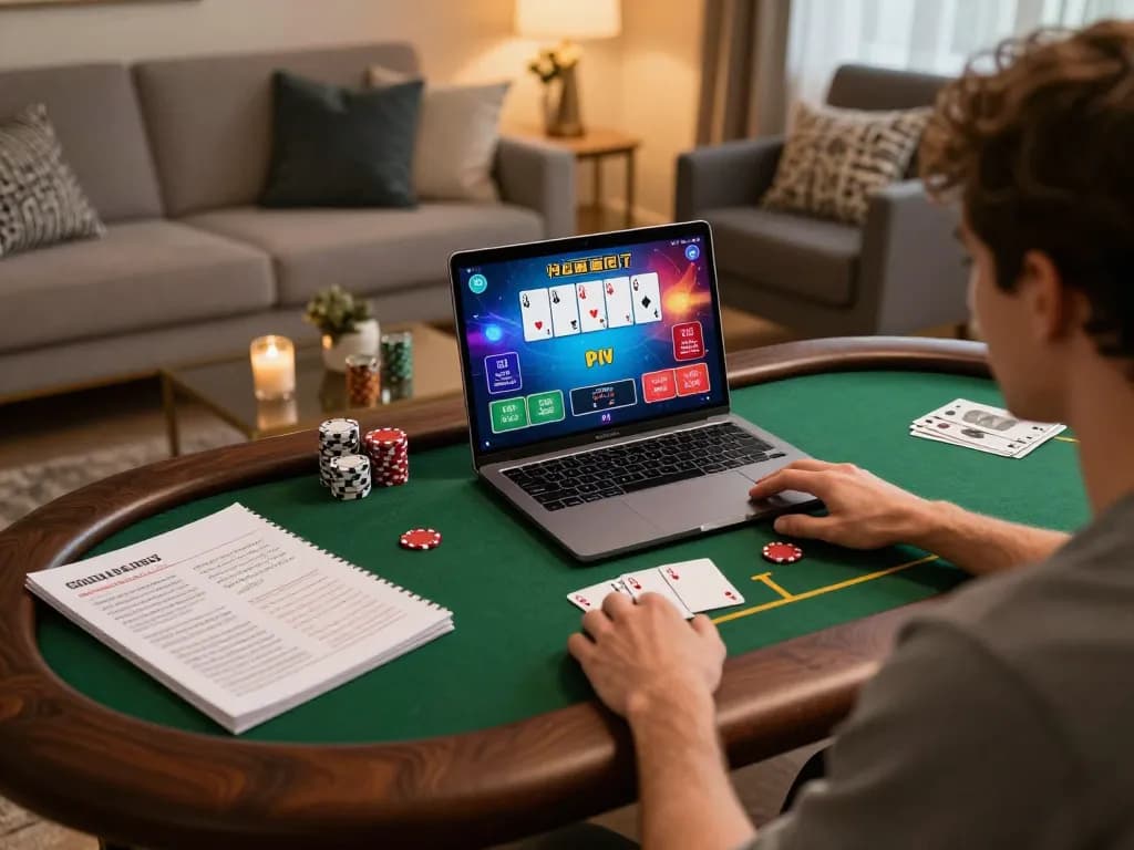 Sunwin player strategizing poker game on laptop, showcasing engaging home casino environment.