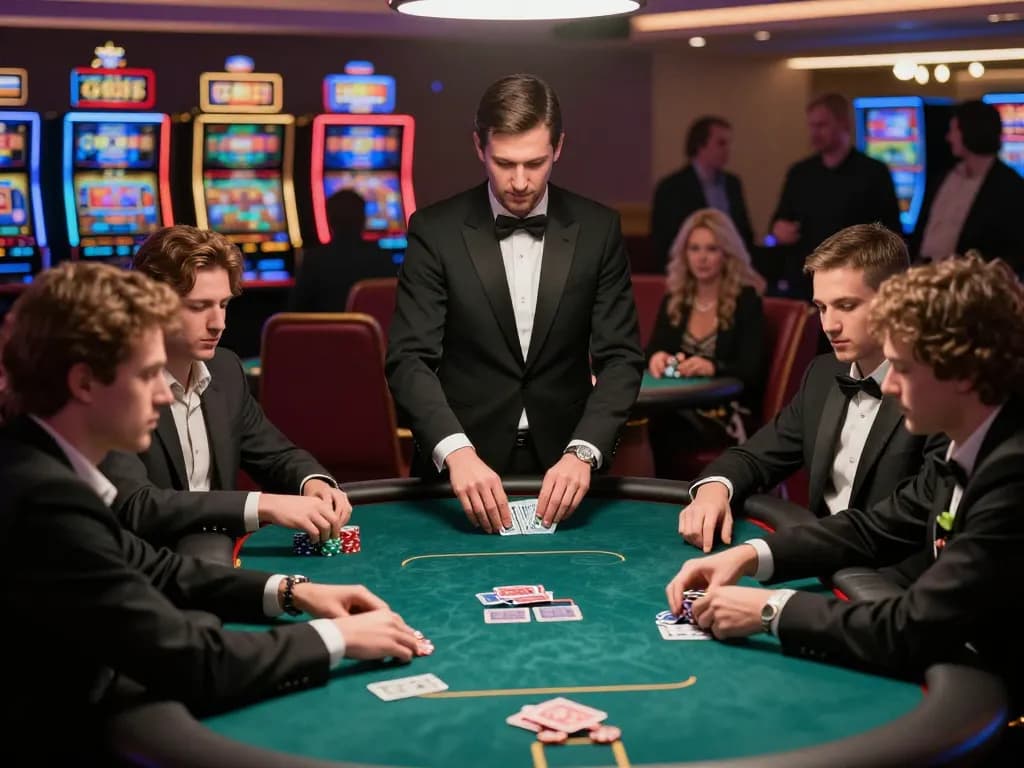 Players engage in intense poker gameplay at GG88 casino under elegant lighting, showcasing competitive atmosphere.