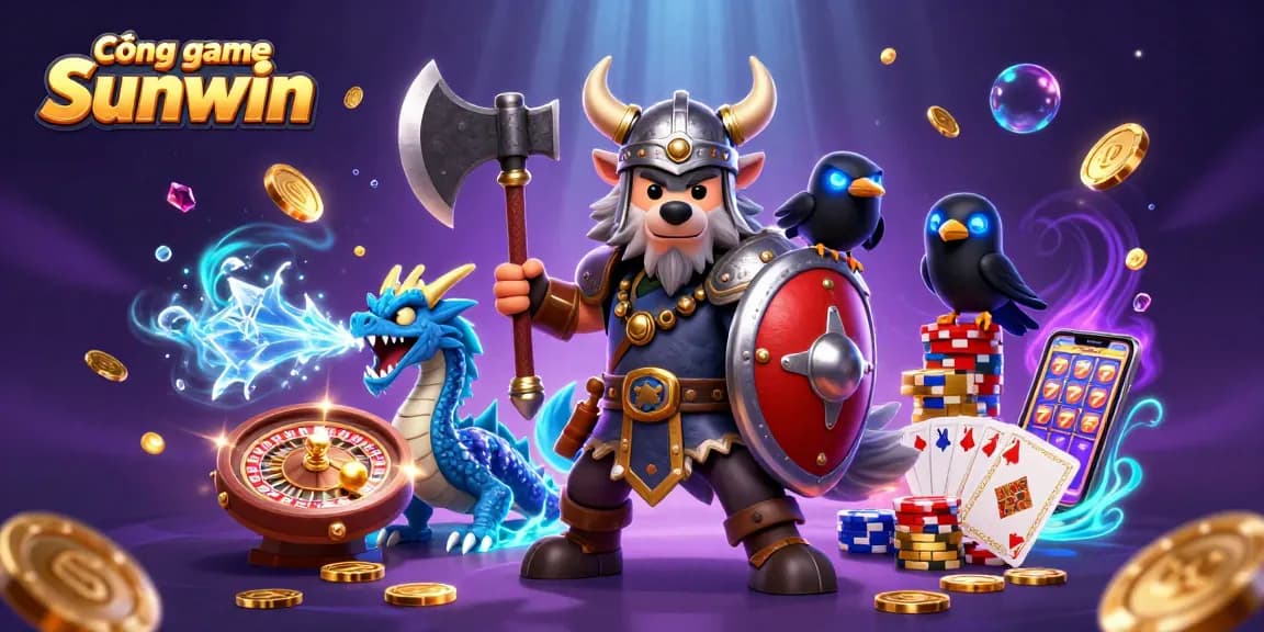 Cổng game Sunwin showcases a Viking wolf warrior with a dragon, among casino elements like roulette and slot machines.