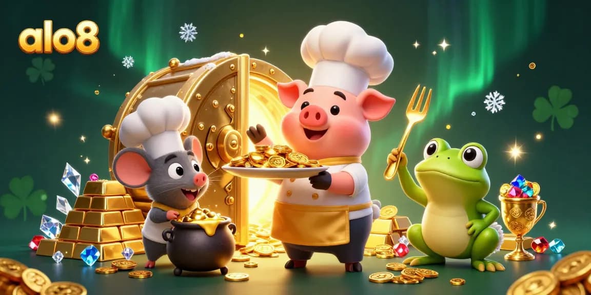 Play and win with alo8, a fun casino scene filled with coins, gems, and characters celebrating wins.