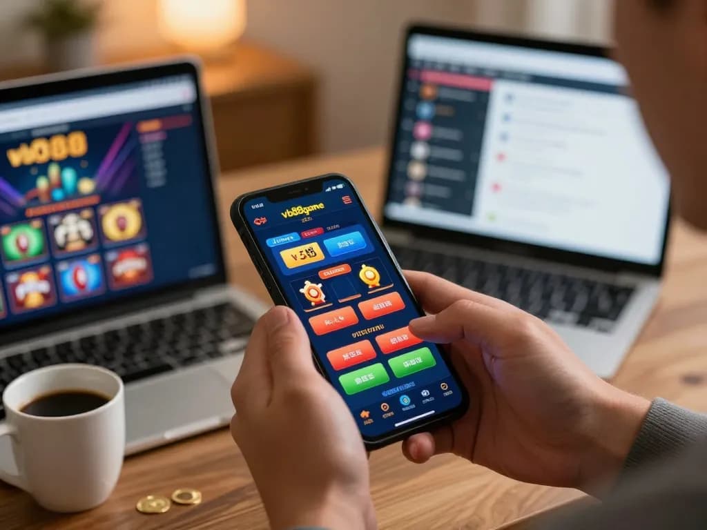 Engaging in vb88game on a smartphone, illustrating an exciting online betting experience at home.