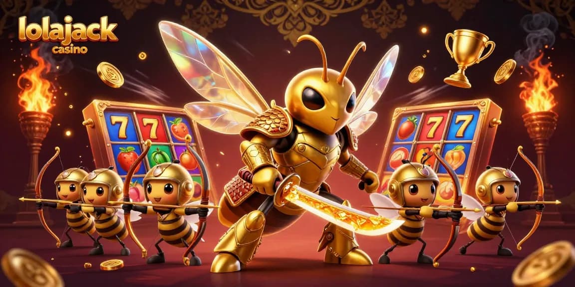 Experience the thrill of lolajack casino with dynamic slot reels and gold coins in this vivid illustration.