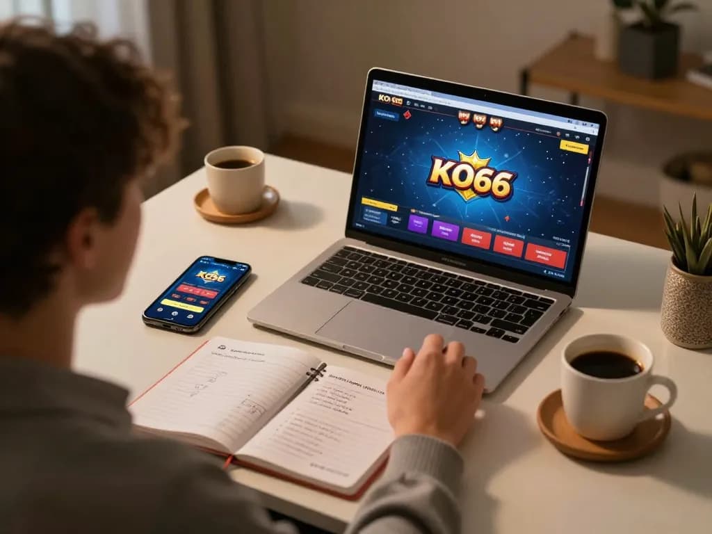 Người sử dụng ứng dụng casino KO66 trên máy tính xách tay, xung quanh là ghi chú chiến lược và một ly cà phê ấm.