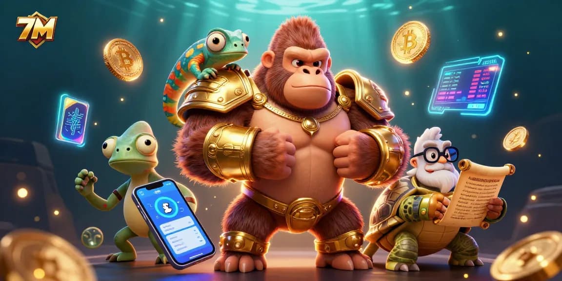 Engage with 7M's dynamic gaming experience featuring vibrant characters and crypto elements.