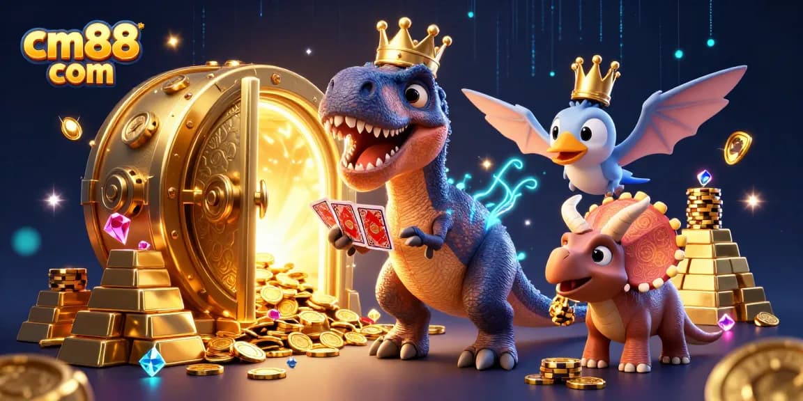 Engage with thrill at cm88 com as animated characters shuffle cards and stack chips in a casino setting.