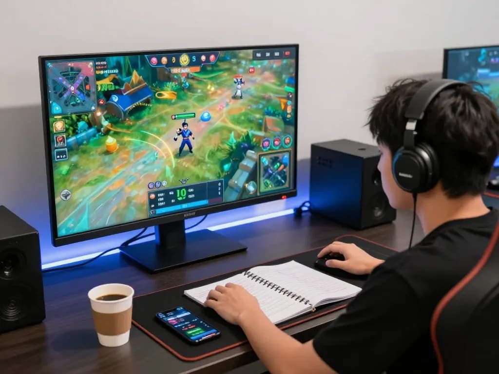 Engaged player enjoying tài xỉu online gameplay with strategic notes and modern setup.