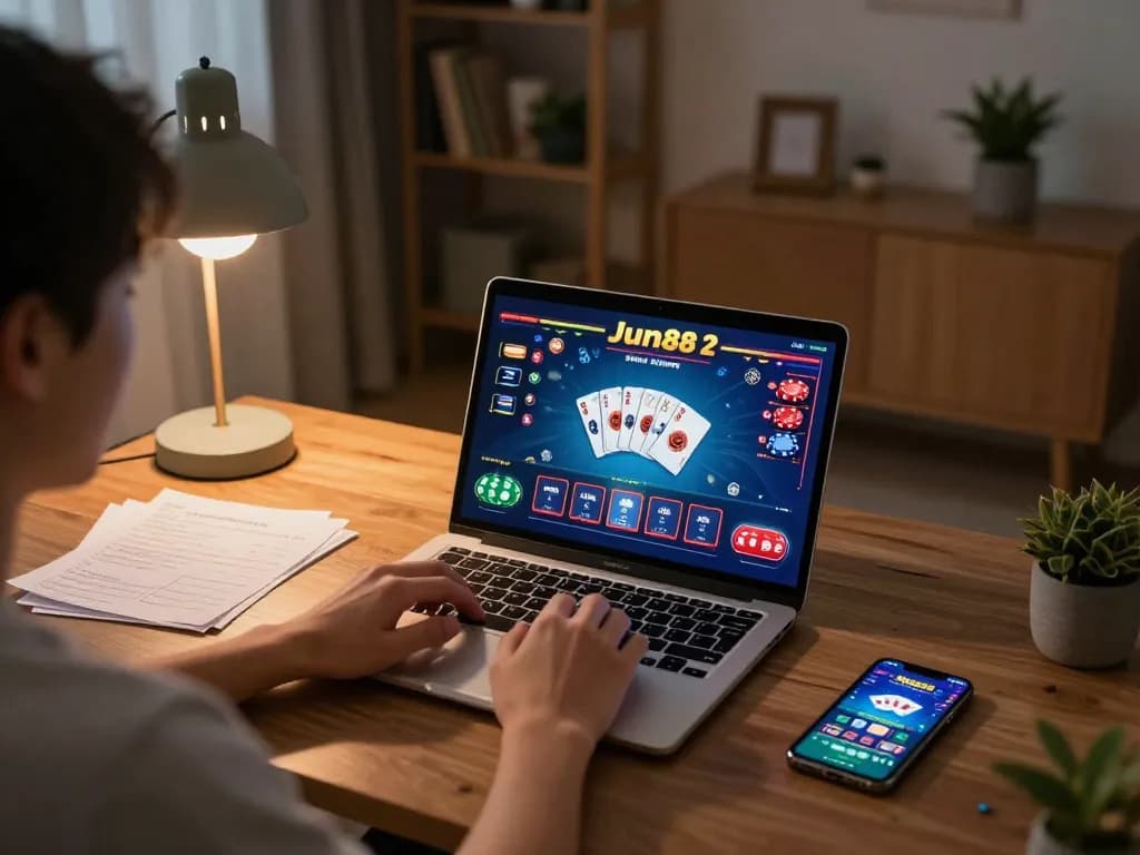 Engaging gameplay at Jun88 phiên bản 2 with user-focused online casino interface in a cozy home setup.
