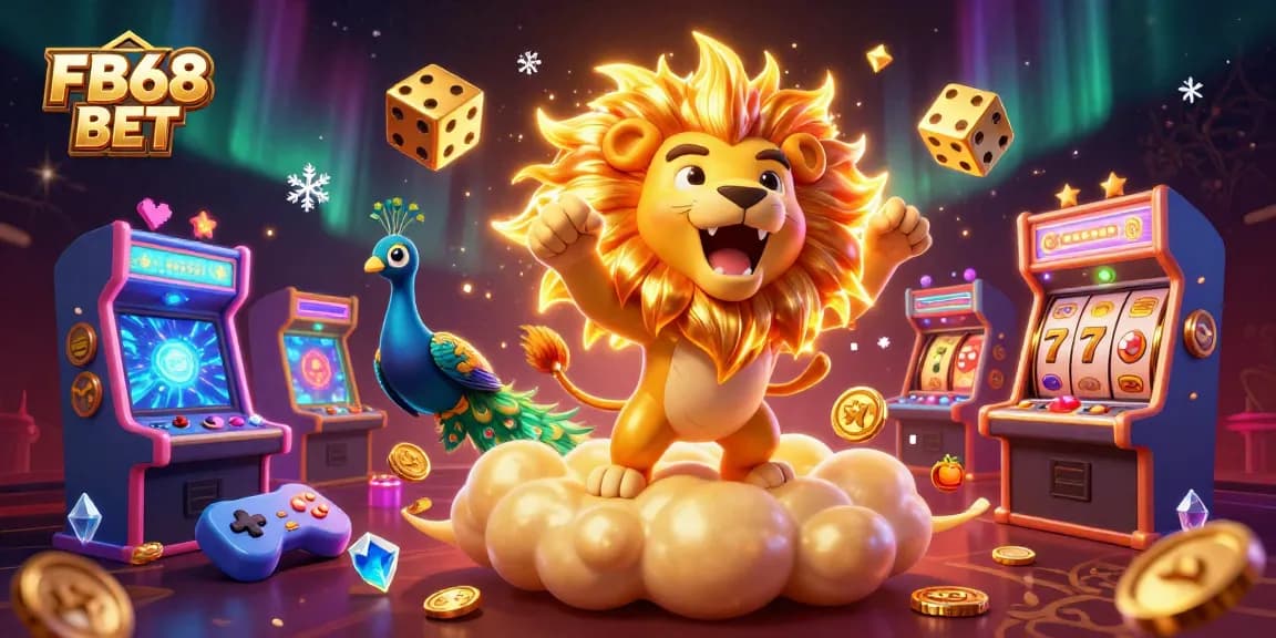 FB68 BET offers a vibrant 3D casino scene featuring a roaring lion, golden dice, and exciting game elements.