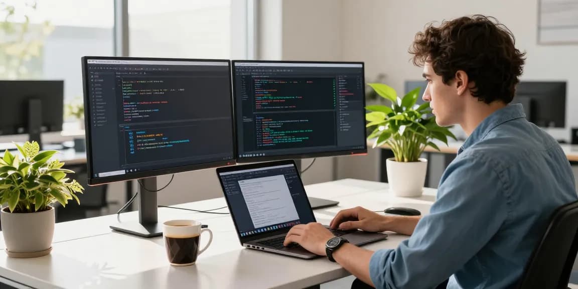 快连 software development workspace showcasing a developer coding at dual monitors in a modern office.