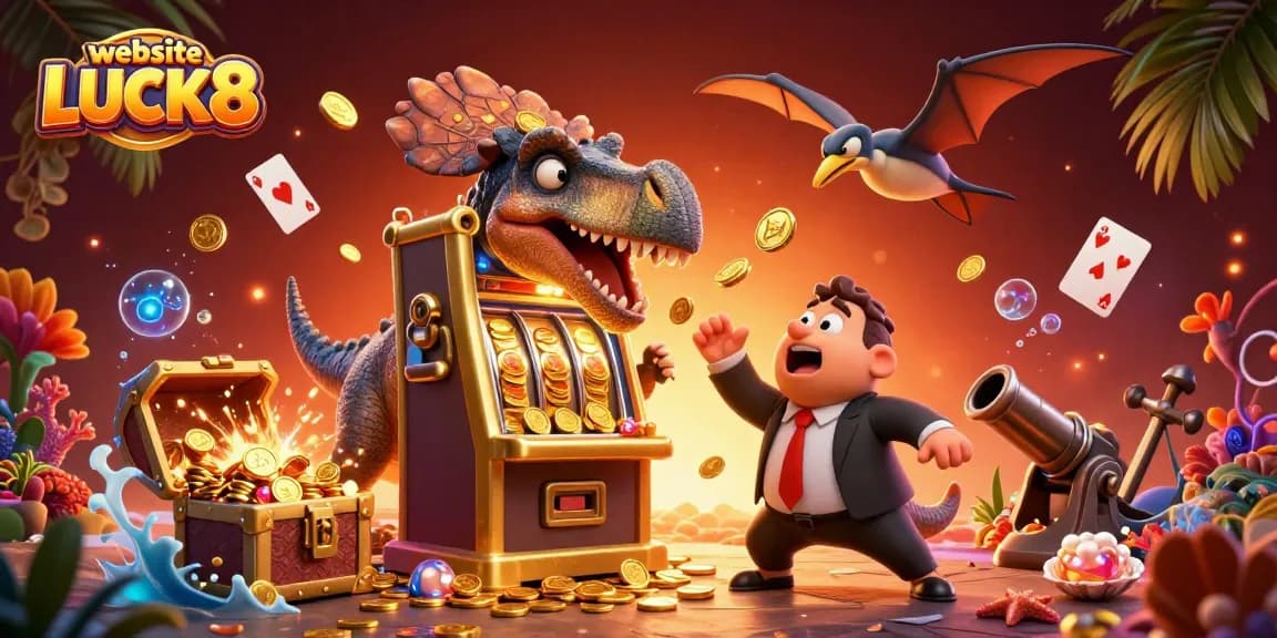 A dynamic scene showcasing a pachycephalosaurus at the website LUCK8, headbutting a golden slot machine to release jackpot coins.