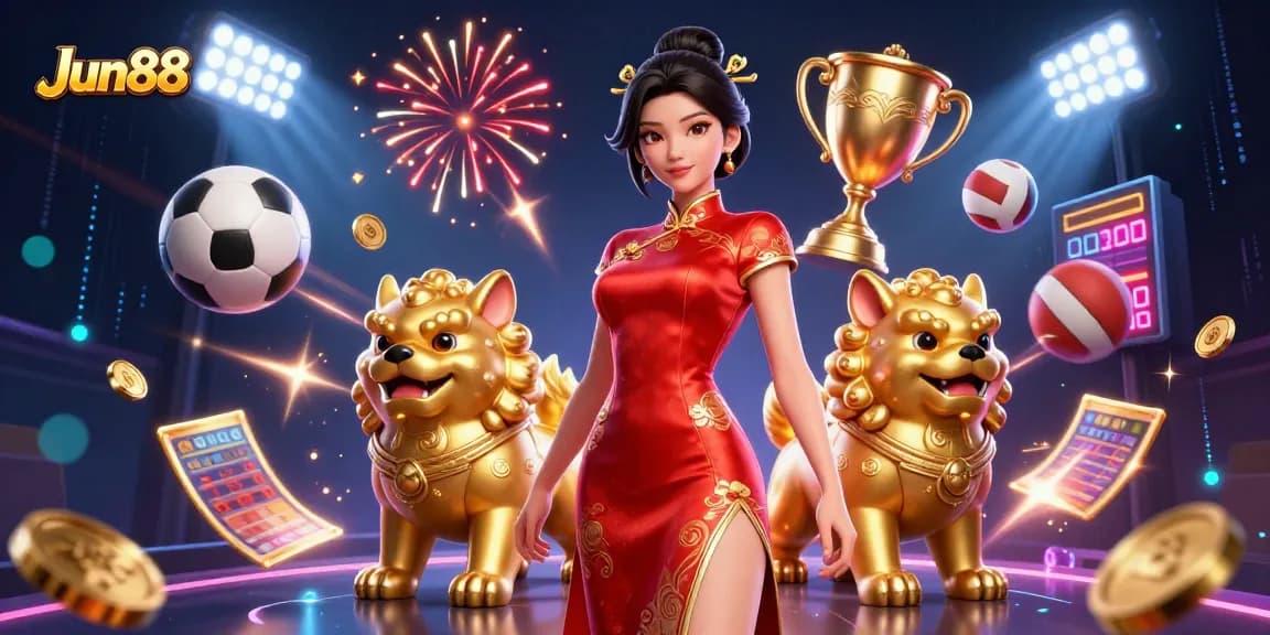 Experience thrilling gameplay at Jun88 with a glamorous cheongsam-clad hostess amidst vibrant casino elements.