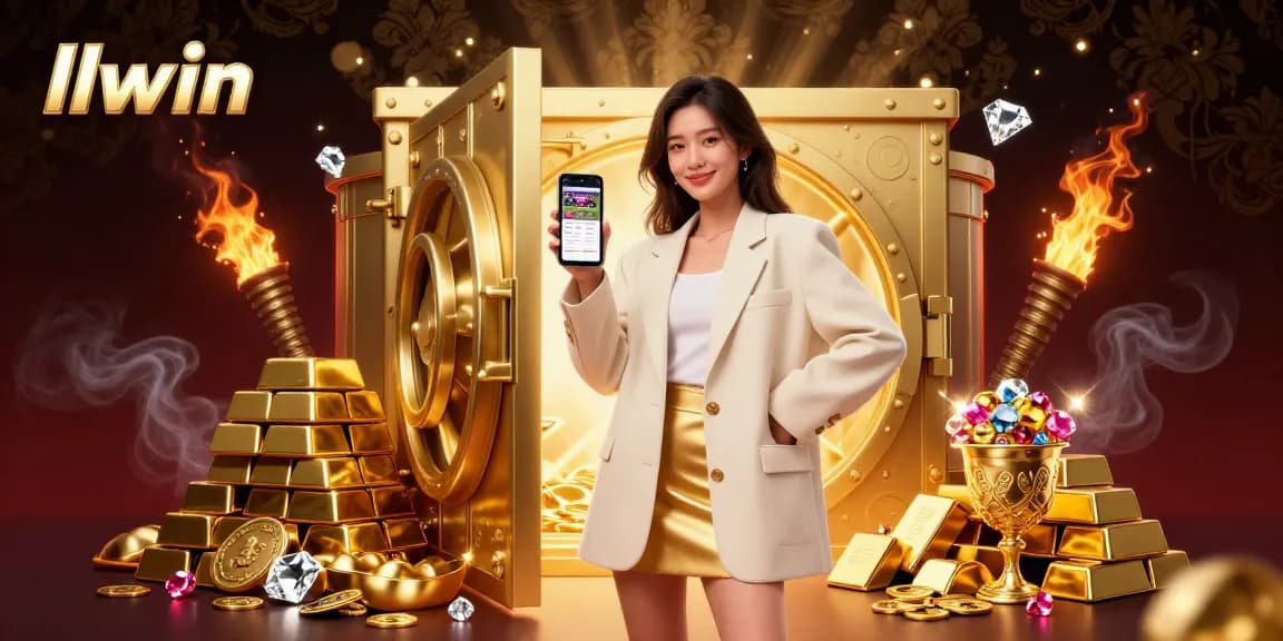 llwin powers up your gaming experience, showcasing a vibrant 3D image with sports betting elements and gold treasures.