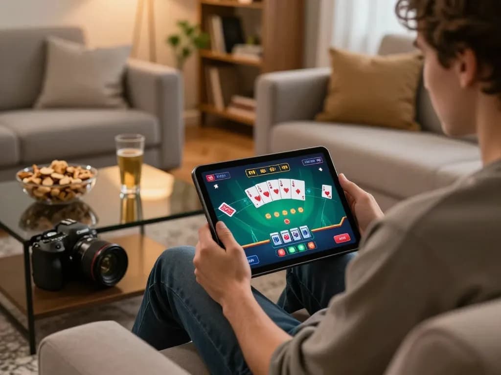 Engaging in online poker at home using lc88 com, highlighting a cozy gaming atmosphere.