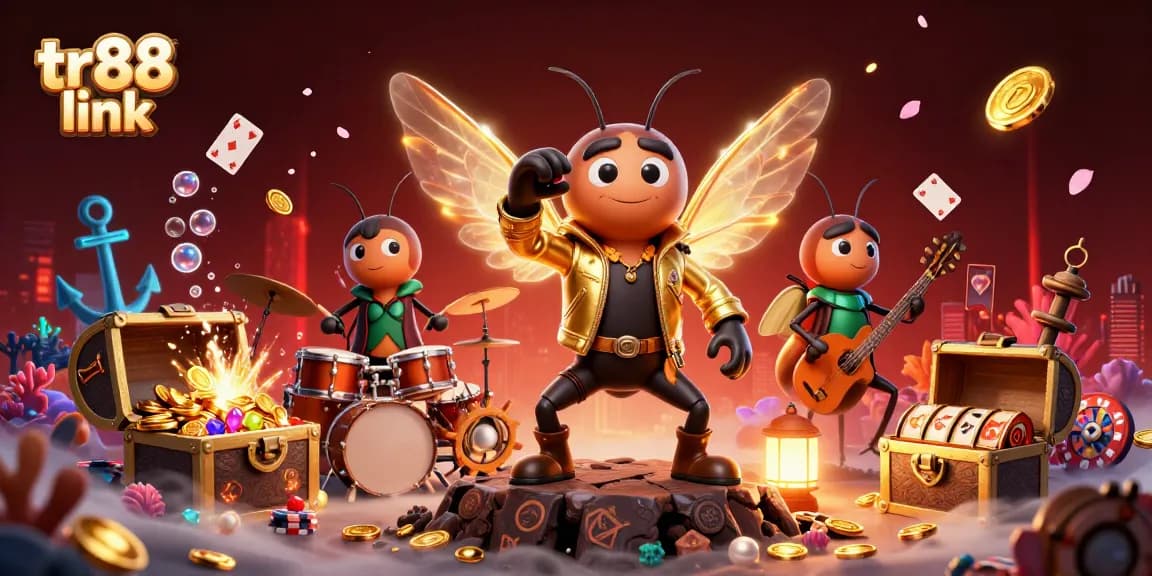 Bet on fun with tr88 link in a vibrant casino scene featuring a cicada rock star and game elements.