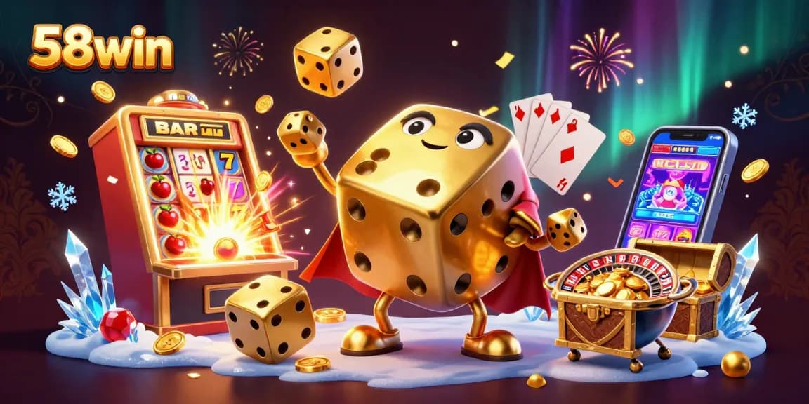 Engage in festive gameplay with 58win's vibrant casino scene featuring dynamic golden dice characters.