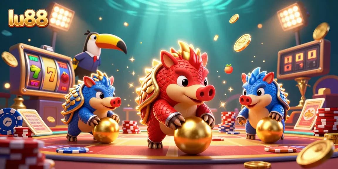 Join the excitement at lu88 as rival pangolins face-off while bowling golden balls among slot reels and chips!