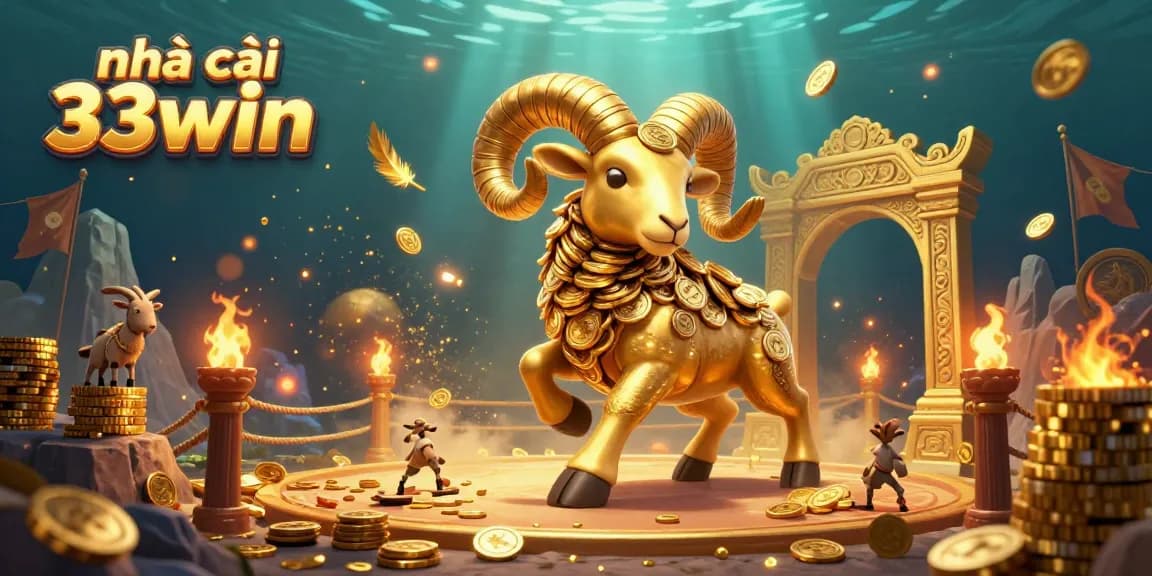 Exciting action at nhà cái 33win with a charging golden ram surrounded by gaming elements.