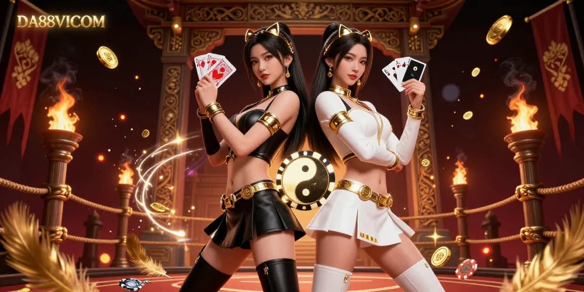 Exciting casino scene showcasing DA88VICOM with twin Asian women holding playing cards amidst vibrant gaming elements.
