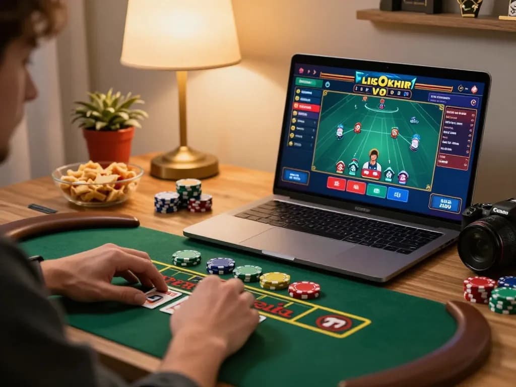 Engaging online baccarat gameplay at bom88 with cozy home setup and player strategy.