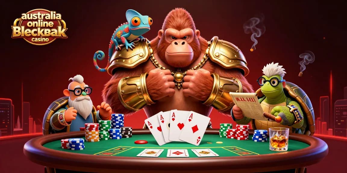 Experience the excitement of the australia online blackjack casino with a 3D illustration featuring a gorilla king, chameleon, and tortoise.