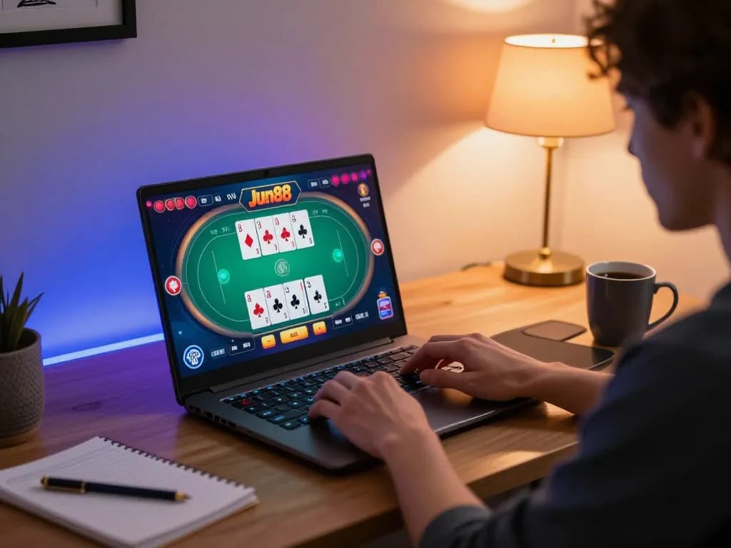 Engaging poker gameplay on Jun88 online platform, showcasing strategic decision-making.