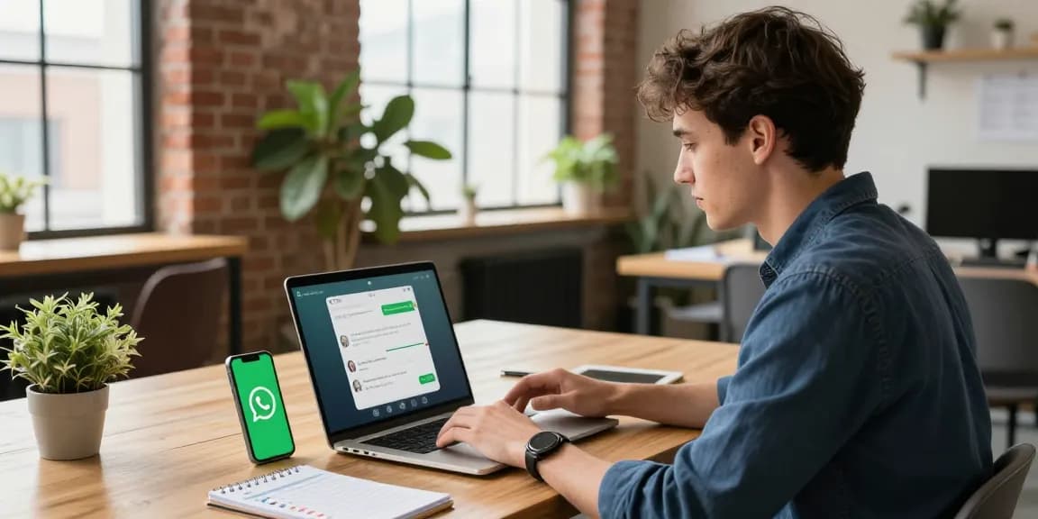 Professional using WhatsApp網頁版 on a laptop in a modern co-working space, engaged in communication.
