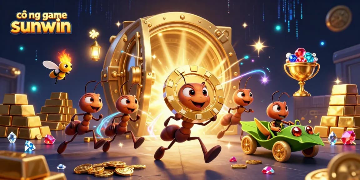 Engaging 3D illustration of cổng game sunwin showcasing ants and treasure in an exciting heist scene.