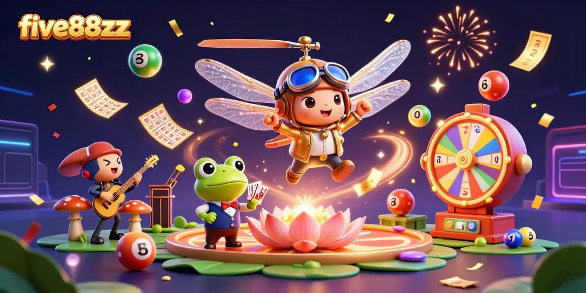Engage with five88zz as a dragonfly pilot hovers over a lily pad casino, surrounded by vibrant gambling elements.