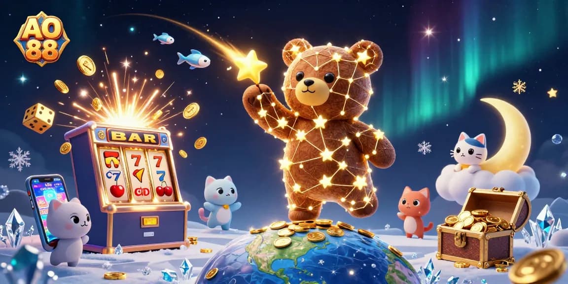 Experience thrilling wins at AO 88 with vibrant gaming elements and engaging characters in an enchanting casino scene.