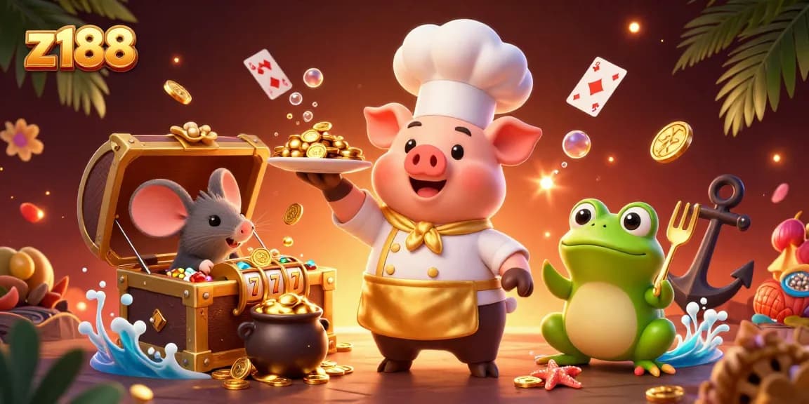 Experience the excitement at z188 casino with a vibrant 3D scene of game characters showcasing slots and treasures.