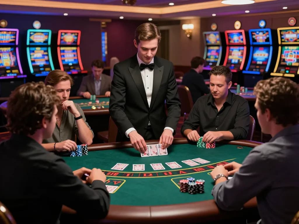 Người chơi LUCK8 tận hưởng những giây phút gay cấn trong trò chơi blackjack tại một sòng bạc sang trọng với ánh sáng rực rỡ.