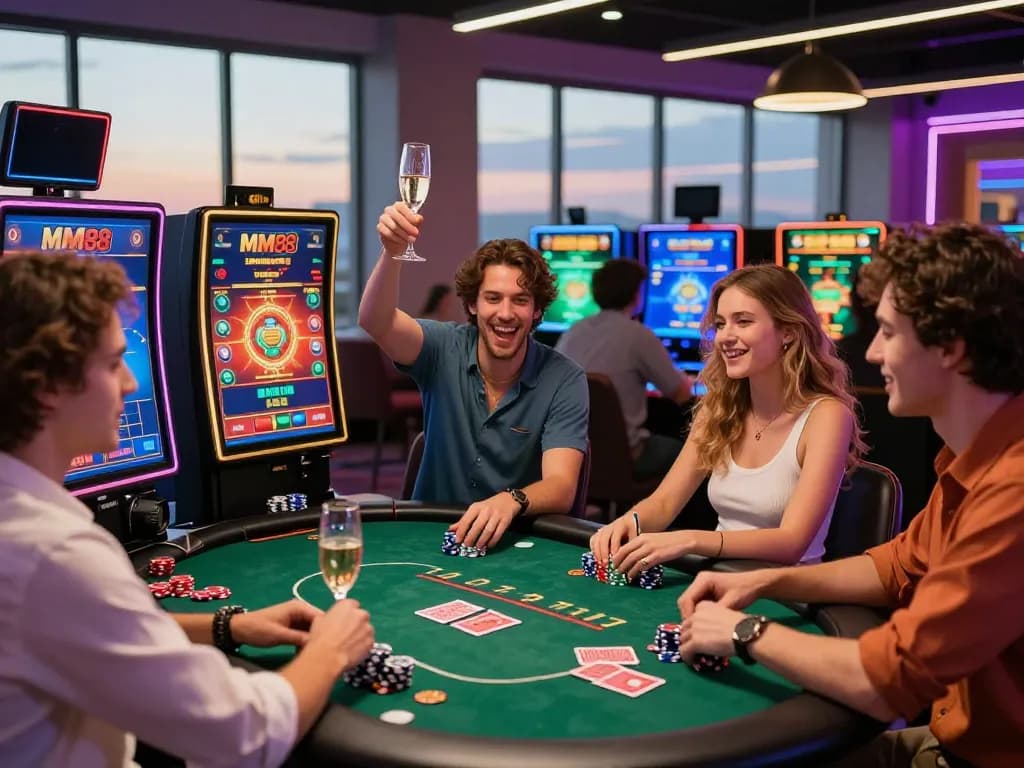 Friends celebrating a win at MM88 online casino with vibrant gaming atmosphere.