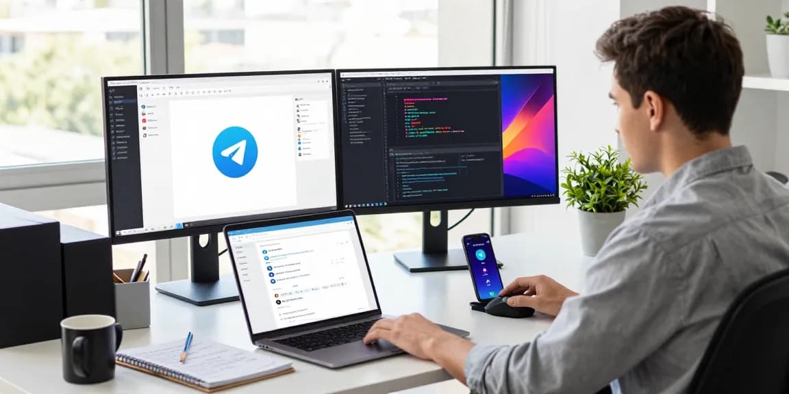 Experience seamless communication with Telegram Download on a vibrant modern workspace filled with tech.