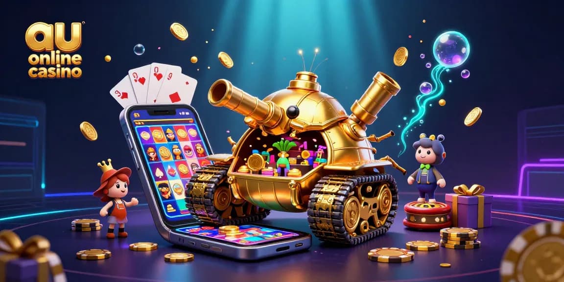 Vibrant 3D casino scene showcasing a golden beetle tank and slot games, ideal for au online casino.