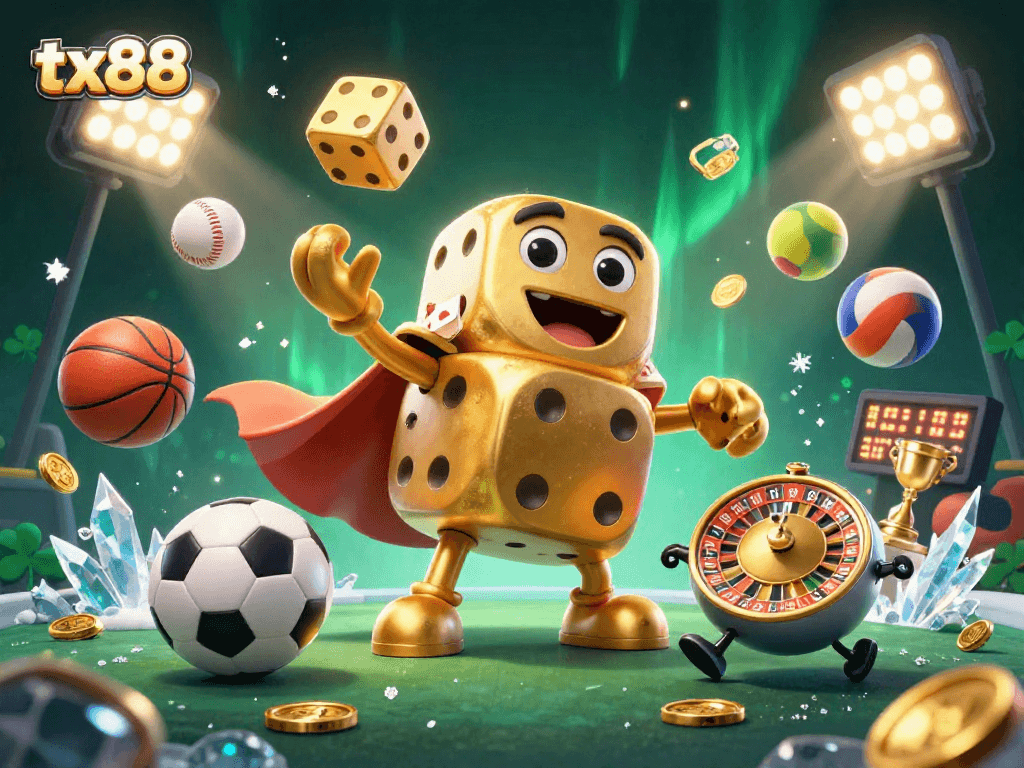 Experience the excitement of tx88's online gaming with dynamic golden dice jugglers and sports elements.
