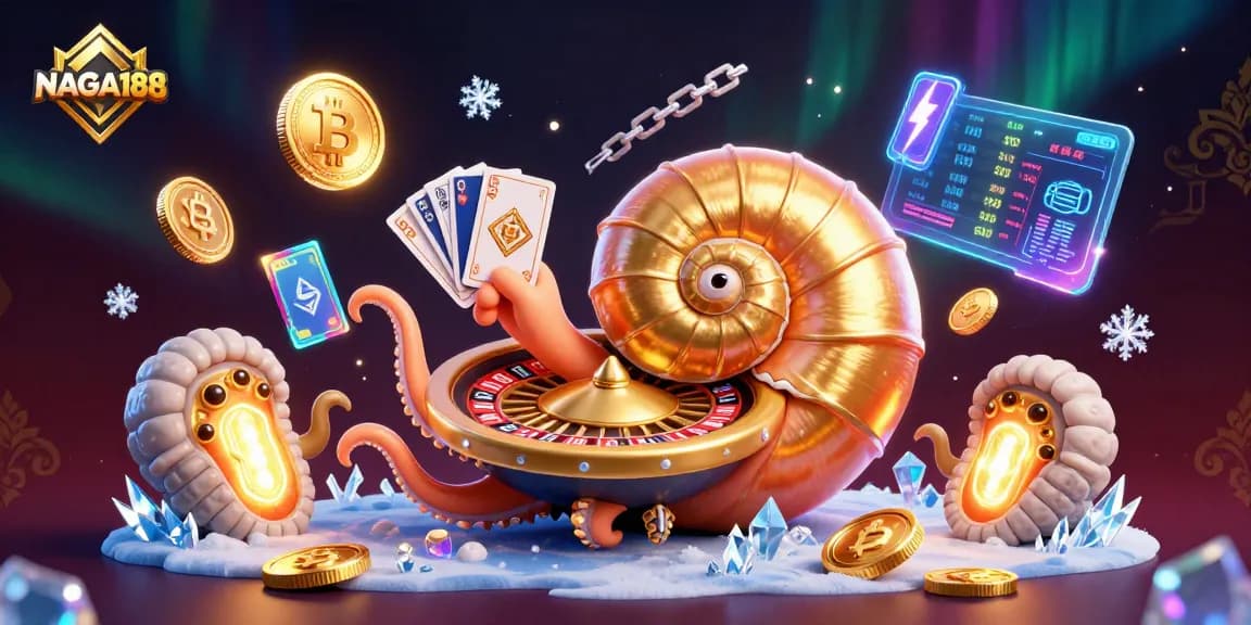 Menggandakan peluang menang di NAGA188 dengan karakter nautilus raksasa berputar sambil memegang kartu.